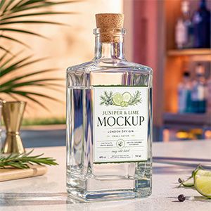Free gin bottle mockup PSD for presenting alcohol label design, botanical spirit branding, and premium packaging visuals.