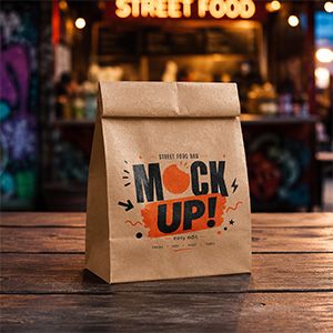 Realistic takeaway paper bag mockup in a warm urban food market scene with lights, wooden table, and graffiti wall.