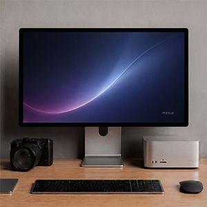Realistic Mac Studio workspace mockup with monitor, keyboard, mouse, notebook, plant, and wooden desk for digital branding projects.