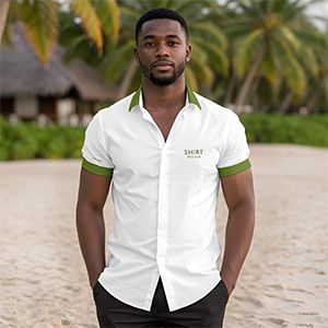 Realistic resort shirt mockup in a tropical beach scene with palm trees, soft sand, and relaxed vacation mood.