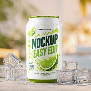 Refreshing soda can mockup with ice cubes, citrus design, outdoor light, and tropical summer drink mood.