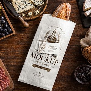 Free food packaging mockup PSD for artisan bakeries, bread shops, cafés, pastry studios, and farmers market brands.