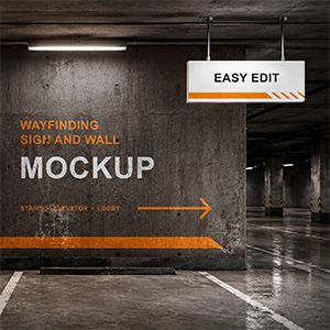 Free Wayfinding Sign and Wall Mockup PSD for parking signage, wall graphics, directional signs, and public navigation design.
