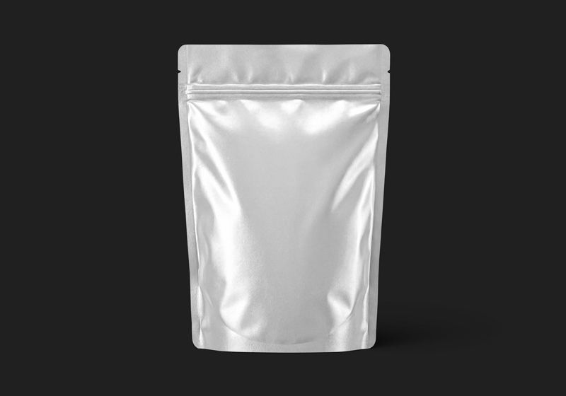 Blank white stand up pouch with a zip closure and realistic folds on a dark background