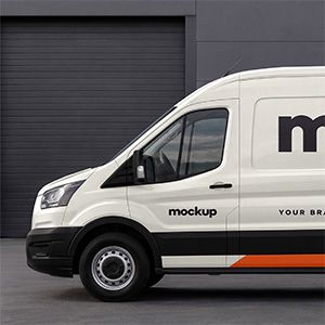 Cargo van mockup showing the cab and branded side panel in front of a dark garage door