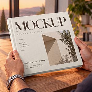 Square book mockup with a cream cover and architectural artwork, held in hands at a sunlit wooden desk
