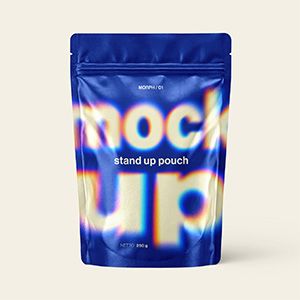 Stand up pouch mockup with blue packaging and oversized blurred lettering on a cream background