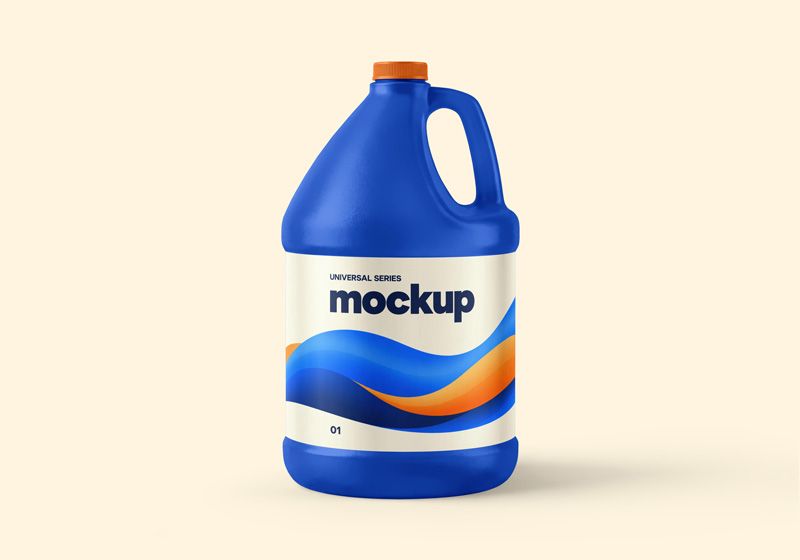 Blue 1 gallon plastic jug mockup with an orange cap and a cream label with blue and orange waves