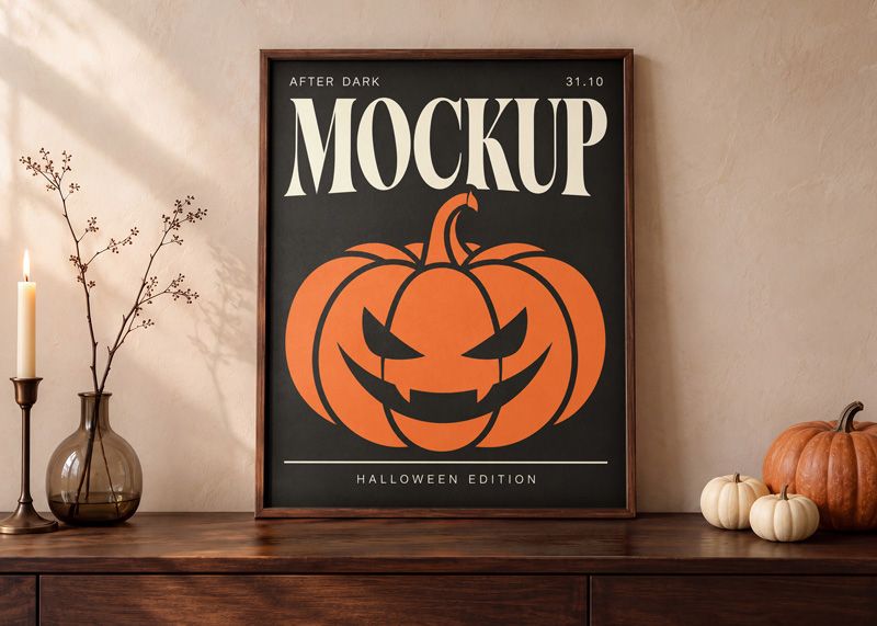 Autumn poster mockup with orange jack-o-lantern artwork in a wooden frame beside pumpkins and a lit candle