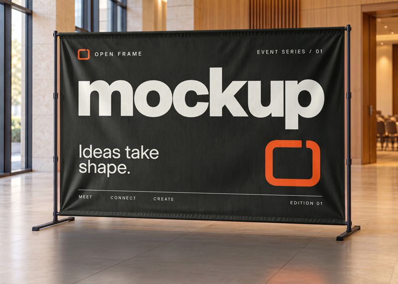 Event backdrop mockup with bold cream typography and orange accents on a black banner in a sunlit lobby