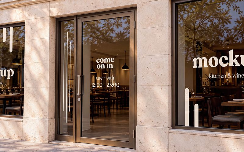 Restaurant window mockup with cream lettering on glass, tree reflections, and a warmly lit dining interior