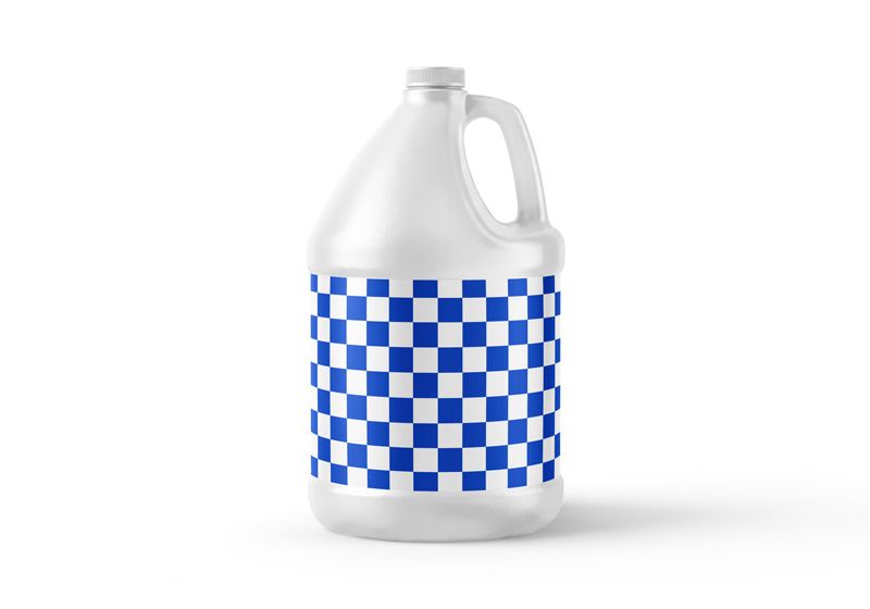 White 1 gallon plastic jug mockup with a blue and white checkerboard label on a white background