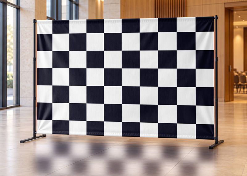 Event backdrop mockup with a checkerboard design on fabric and a black support frame in a bright lobby