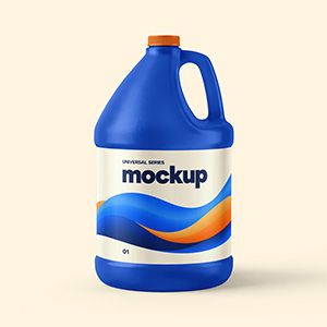 Blue 1 gallon plastic jug mockup with an orange cap and colorful label design