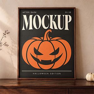 Autumn poster mockup with a wooden frame, Halloween artwork, pumpkins, and a candle