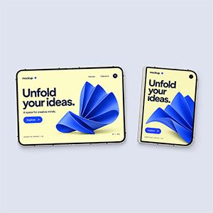 iPhone Duo mockup featuring two foldable phones with matching yellow and blue screen designs