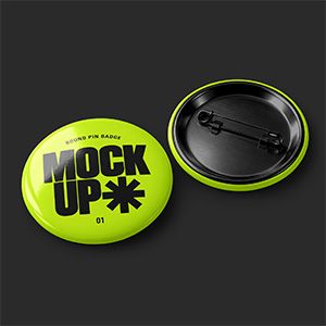 Round pin badge mockup showing a lime green front and black metal back on a charcoal background