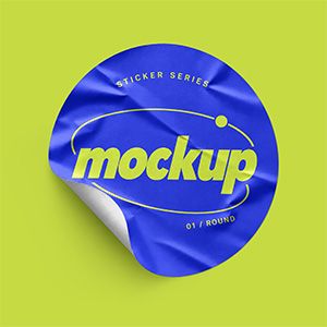 Free wrinkled round sticker mockup with blue and lime branding and a curled edge